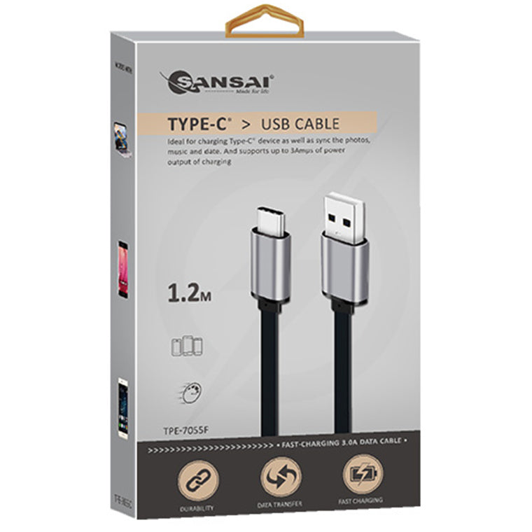 Sansai   TPE-7055F Type-C to USB-A Flat Cable, 1.2M  - Random Colour Black or White