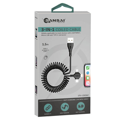 Sansai  IPH-0906C  3-IN-1 Coiled Charging Cable - Coiled