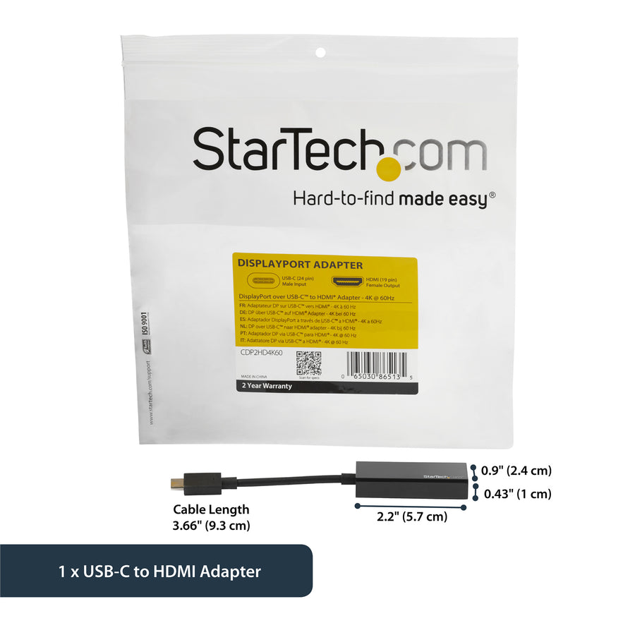 StarTech.com CDP2HD4K60 USB-C to HDMI Adapter - 4K 60Hz - Thunderbolt 3 Compatible - USB-C Adapter - USB Type C to HDMI Dongle Converter (CDP2HD4K60)