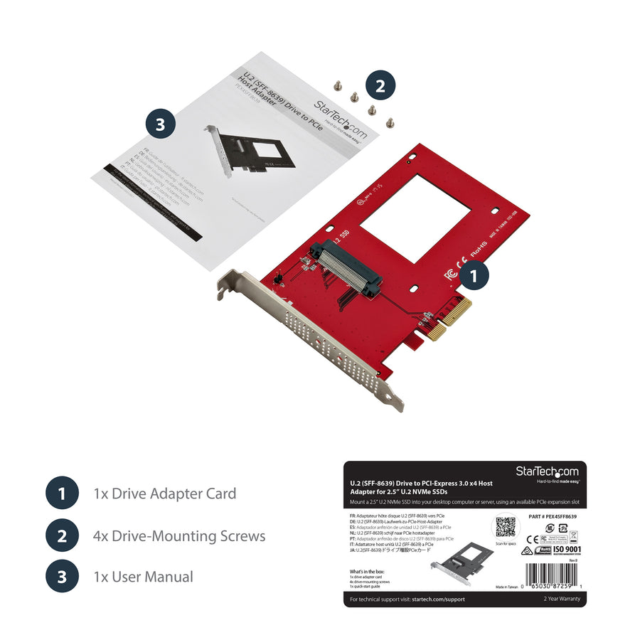 StarTech.com PEX4SFF8639 U.2 to PCIe Adapter for 2.5in U.2 NVMe SSD - SFF-8639 - x4 PCI Express 3.0