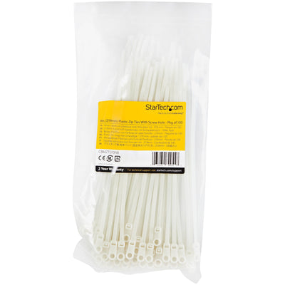 StarTech.com CBMZTS10N8 50lb Tensile Strength - UL Listed Cable Ties - 20cm (8in) - 100 Pack Nylon 66 - Self Locking - Mounting Hole - 4mm Wide - 52mm Bundle Diameter