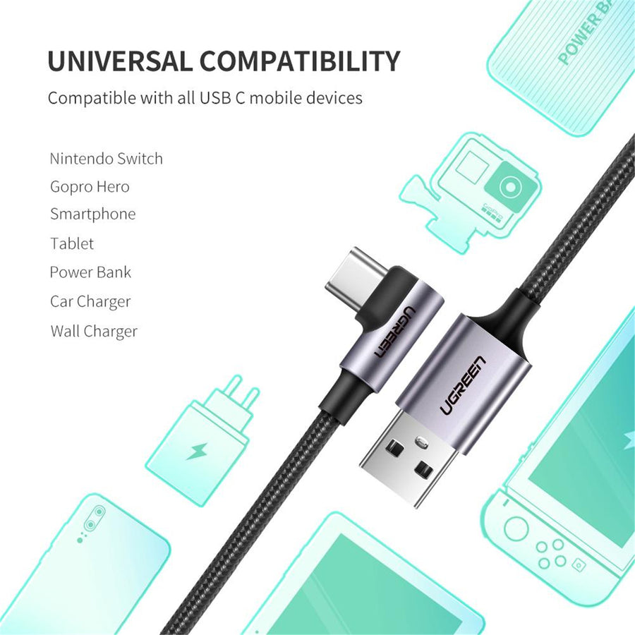 UG-50941 - Ugreen gewinkeltes USB-C-Stecker auf USB2.0 A-Stecker 3A Datenkabel Schwarz 1M