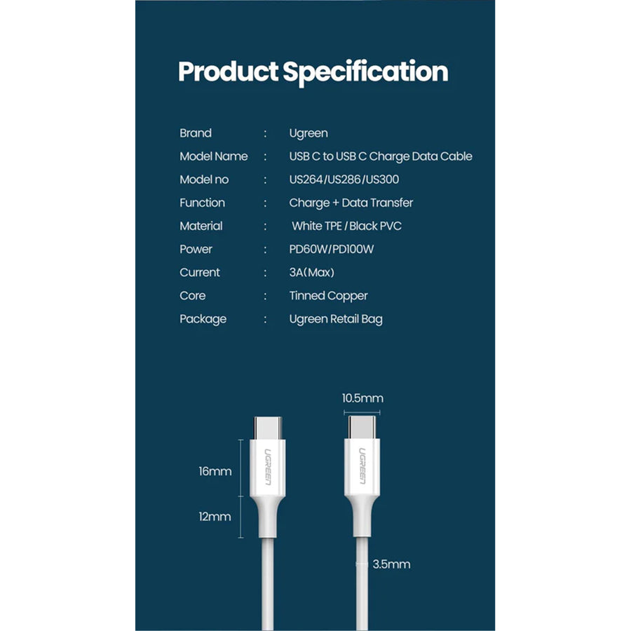 UG-60520 - Ugreen USB-C 2.0 Male To USB-C 2.0 Male 3A Data Cable White 2M