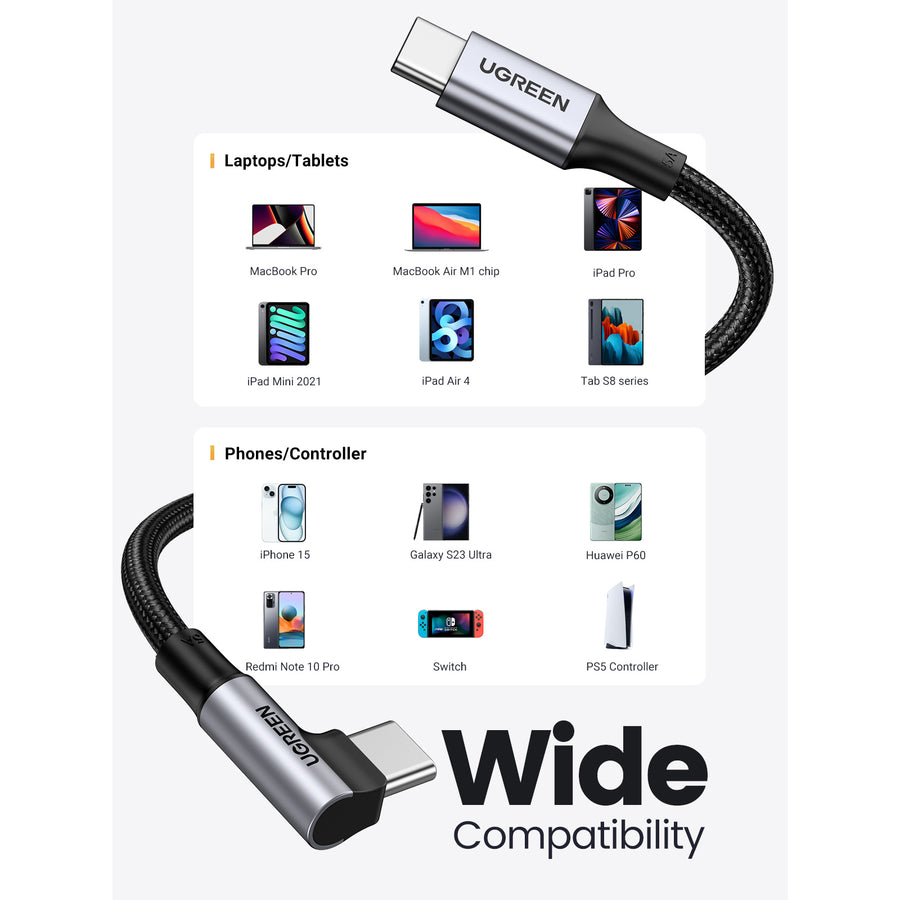 UG-70645 - Ugreen USB-C 2.0 Male To Angled USB-C 2.0 Male 5A Data Cable 2M
