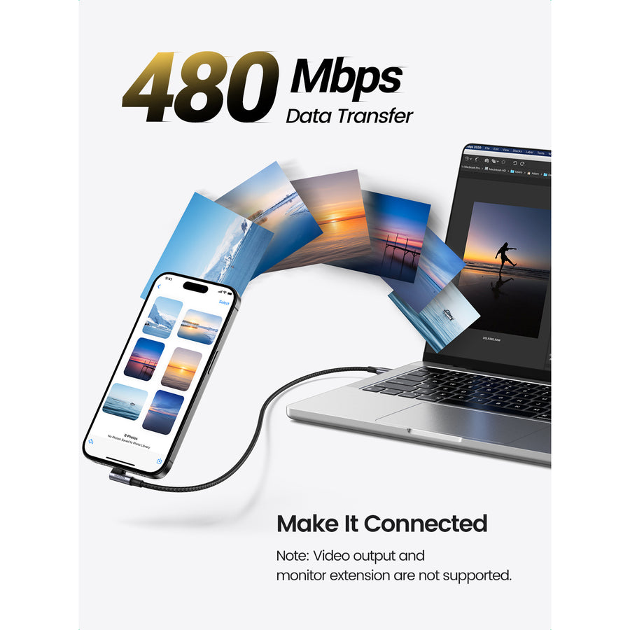 UG-70645 - Ugreen USB-C 2.0 Male To Angled USB-C 2.0 Male 5A Data Cable 2M