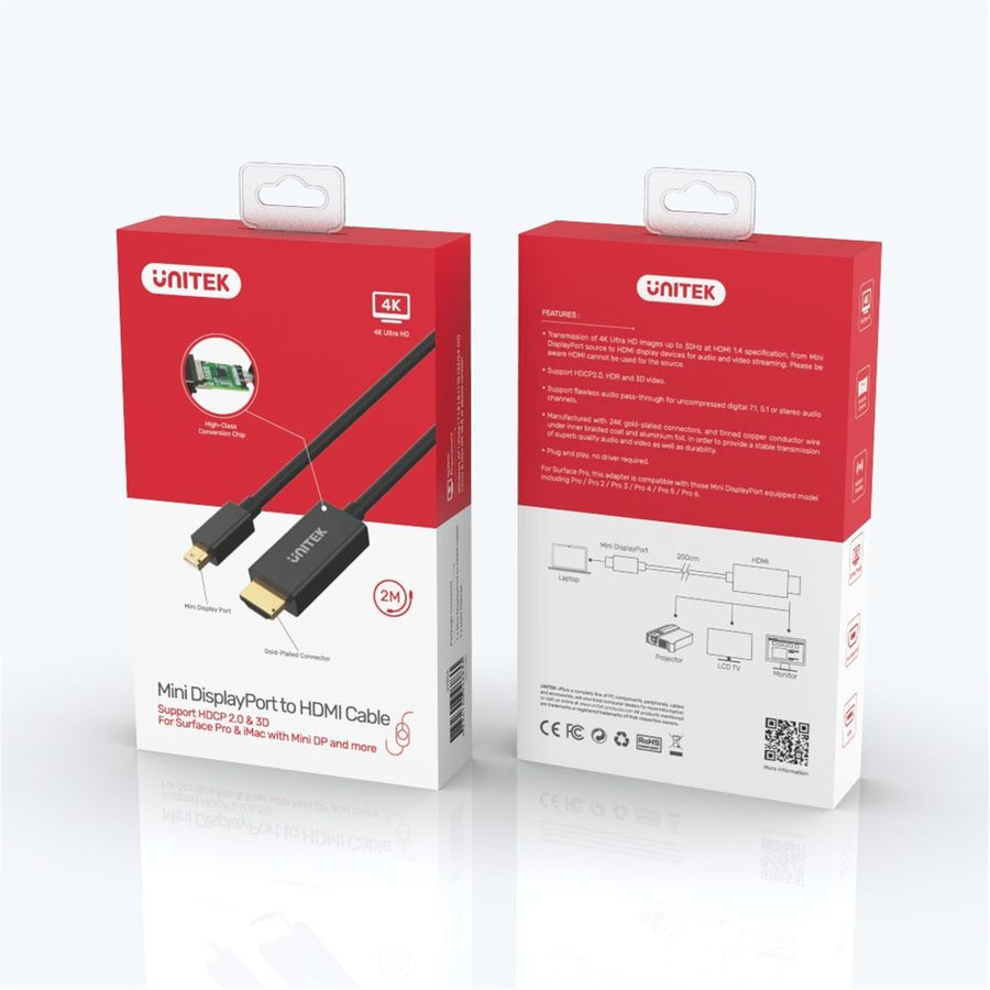 Unitek V1152A - 2M Mini DisplayPort to HDMI 1.4 Cable Supports 4K@30Hz HDR HDCP2.0 3D 7.1 Surround Sound