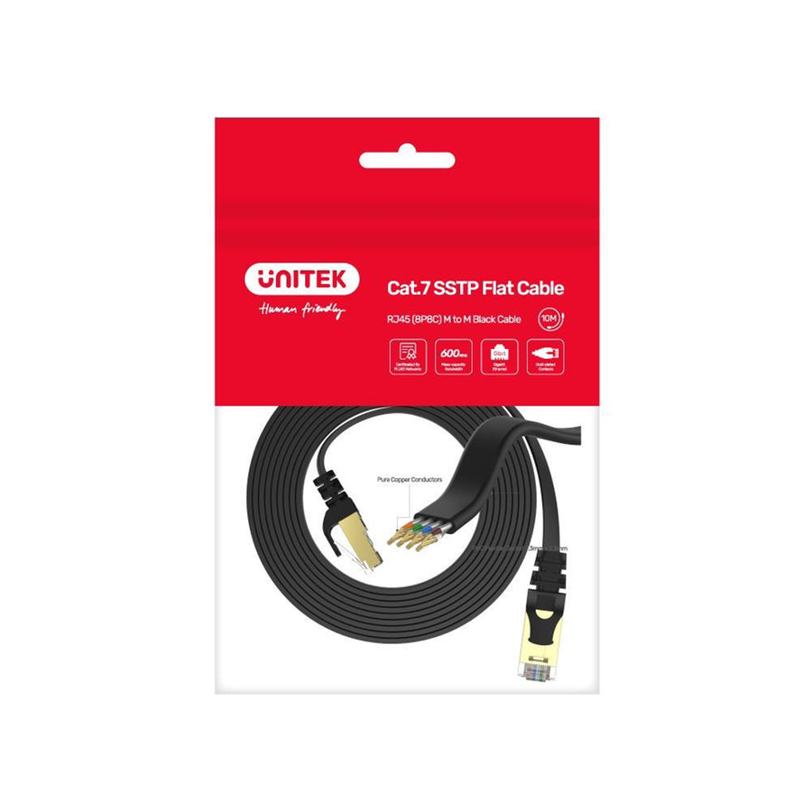 Unitek C1897BK-20M - 20m CAT7 Black Flat SSTP 32AWG Patch Lead in PVC Jacket 500MHz Gold-plated Contacts
