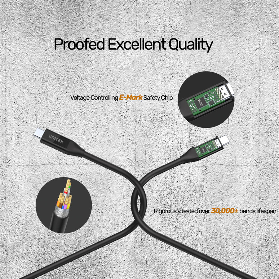 Unitek C14100BK-0-8M - 0.8m USB4 USB-C to USB-C Cable Supports up to 40Gbps Transfer Rate 100W Power Delivery