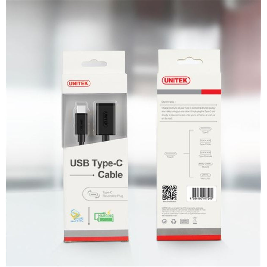Unitek Y-C476BK - 0.2m USB 3.0 USB-C Male to USB-A Female. OD: 4.0mm Nickel Plated Ultra-Compact