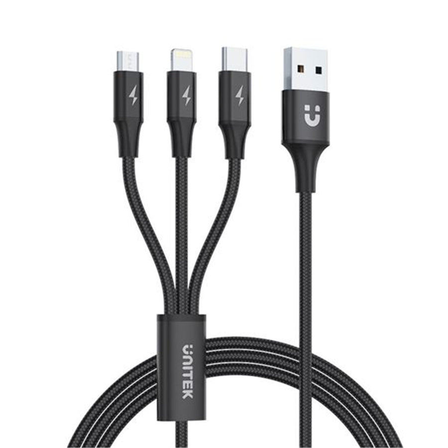Unitek C14049BK - 1.2m USB 3-in-1 Charge Integrated USB-A to Micro-B Lightning Connector & USB-C