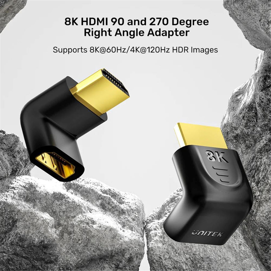 Unitek A1046A - 8K HDMI 90 & 270 Degree Right Angle Adapter w/ Gold-Plater Connectors