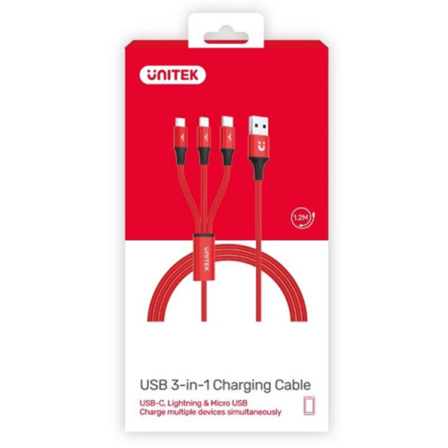 Unitek C4049RD - 1.2m USB 3-in-1 Charge Integrated USB-A to Micro-B Lightning Connector & USB-C