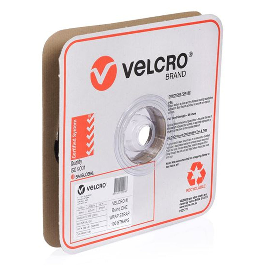 VELCRO VEL20018 - One-Wrap 25mm x 200mm Pre-sized Ties. 100 Ties Roll. Integrated Hook & Loop