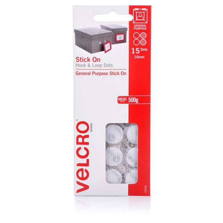VELCRO VEL25506 - 16mm Stick On Hook & Loop Dots. Pack of 15 General Purpose