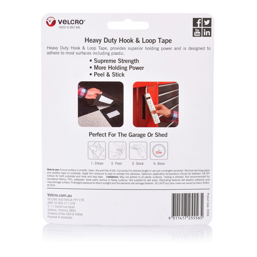 VELCRO VEL25556 - 25mm x 1m Heavy Duty Hook & Loop Tape. Designed for Attaching Items Indoors