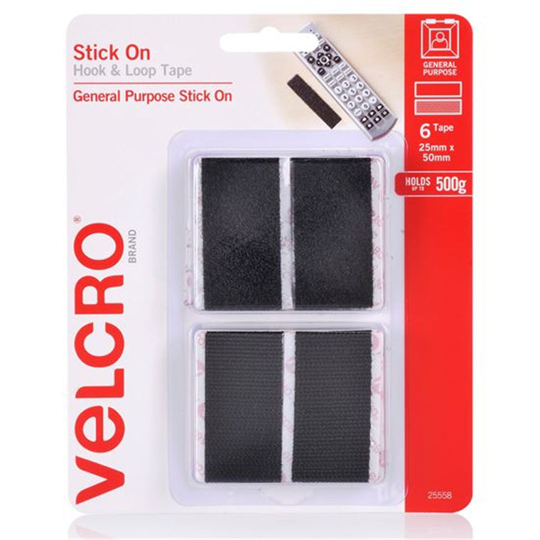 VELCRO VEL25558 - 25mm x 50mm Stick on Hook & Loop Pre-Cut 6 Pack Tape. for General Purpose