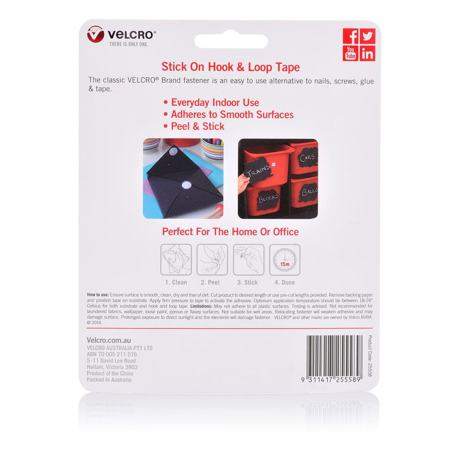 VELCRO VEL25558 - 25mm x 50mm Stick on Hook & Loop Pre-Cut 6 Pack Tape. for General Purpose