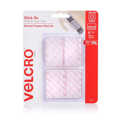VELCRO VEL25559 - 25mm x 50mm Hook & Loop Pre-Cut Stick On 6 Pack Surface Tape.