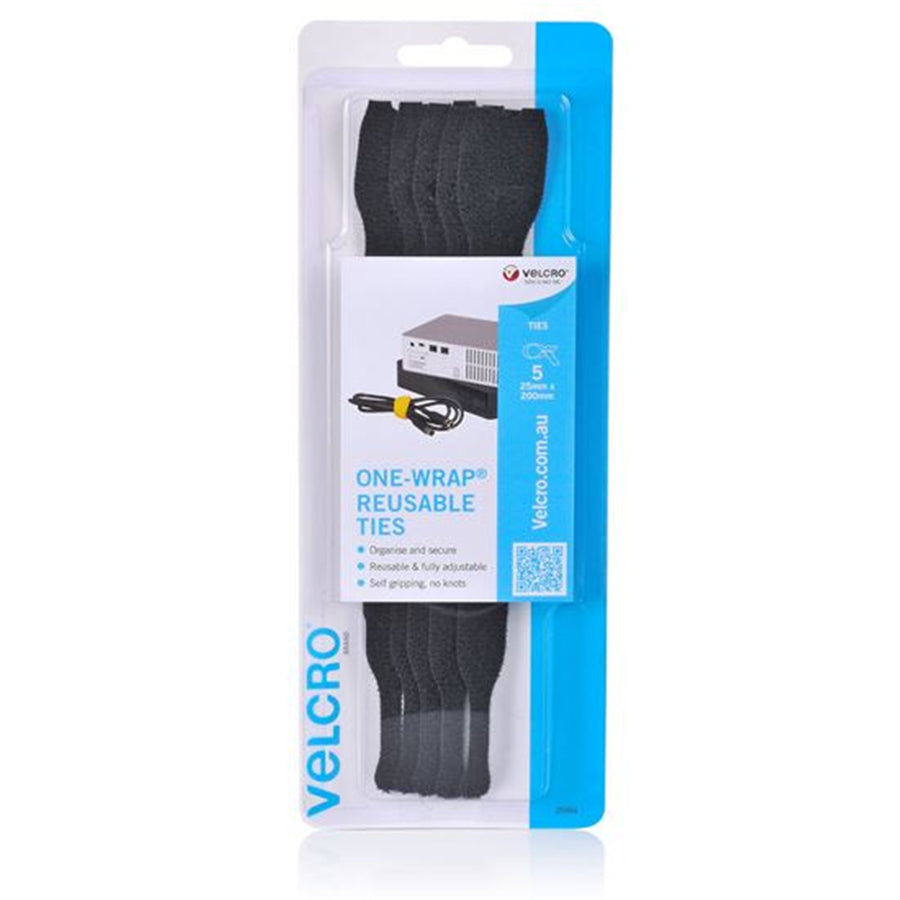 VELCRO VEL25564 - 25mm x 200mm ONE-WRAP Reusable Hook & Loop 5 Pack Ties. Self Gripping