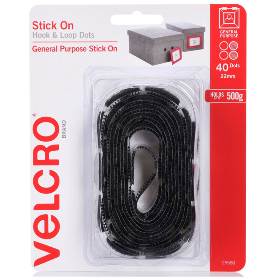 VELCRO VEL25568 - 22mm Stick On Hook & Loop Dots. Pack of 40 General Purpose Simple &