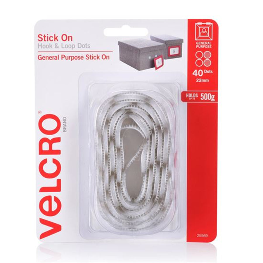 VELCRO VEL25569 - 22mm Stick On Hook & Loop Dots. Pack of 40 General Purpose Simple &