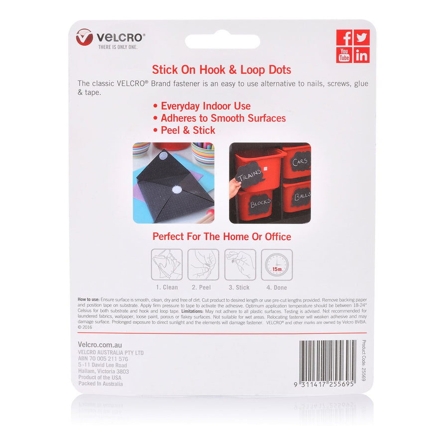 VELCRO VEL25569 - 22mm Stick On Hook & Loop Dots. Pack of 40 General Purpose Simple &