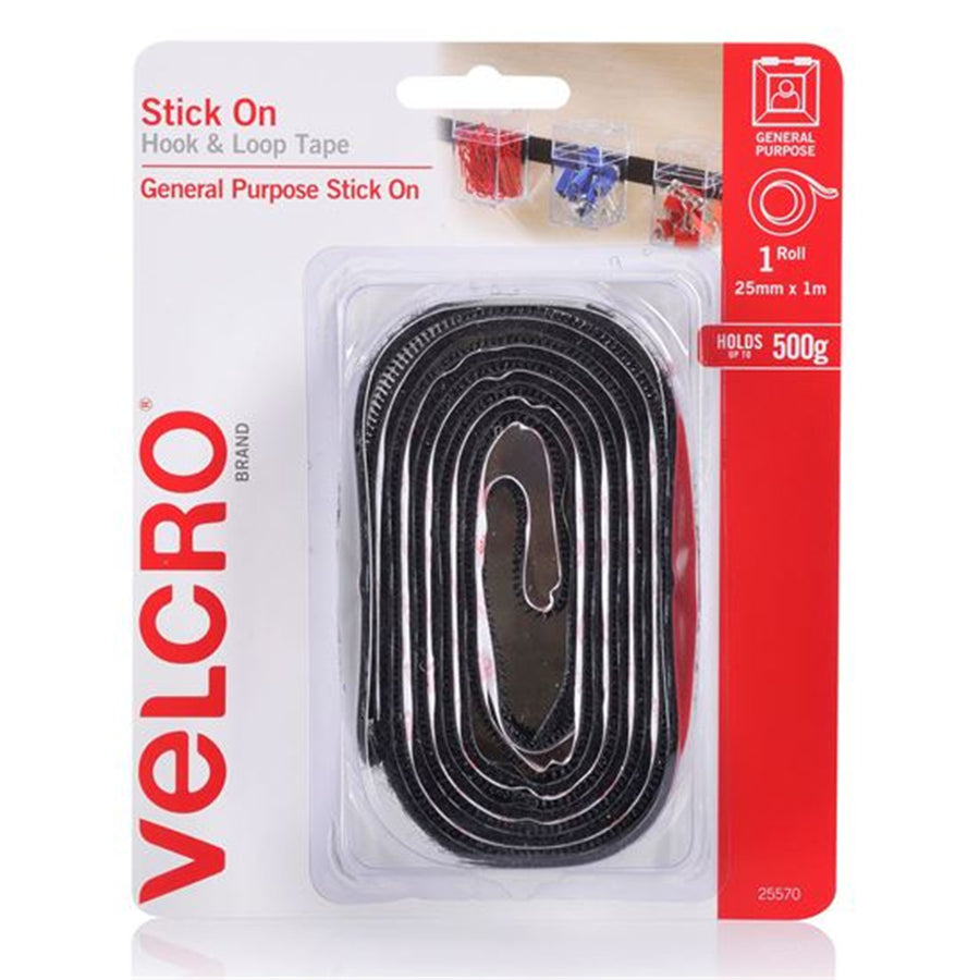 VELCRO VEL25570 - 25mm x 1m Stick On Hook & Loop Tape. Designed for General Purpose