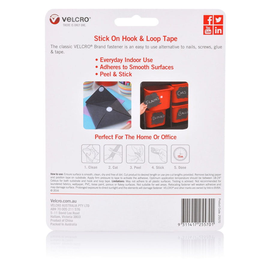 VELCRO VEL25570 - 25mm x 1m Stick On Hook & Loop Tape. Designed for General Purpose