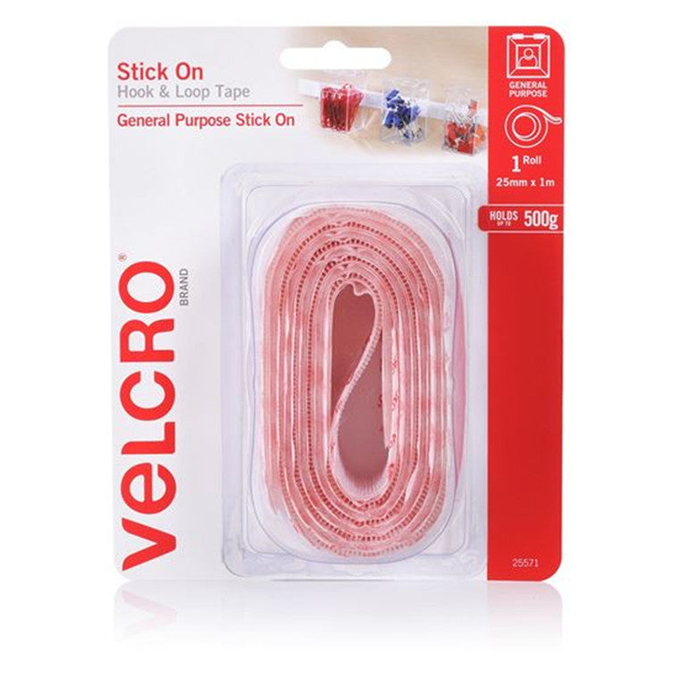 VELCRO VEL25571 - 25mm x 1m Stick On Hook & Loop Tape. Designed for General Purpose