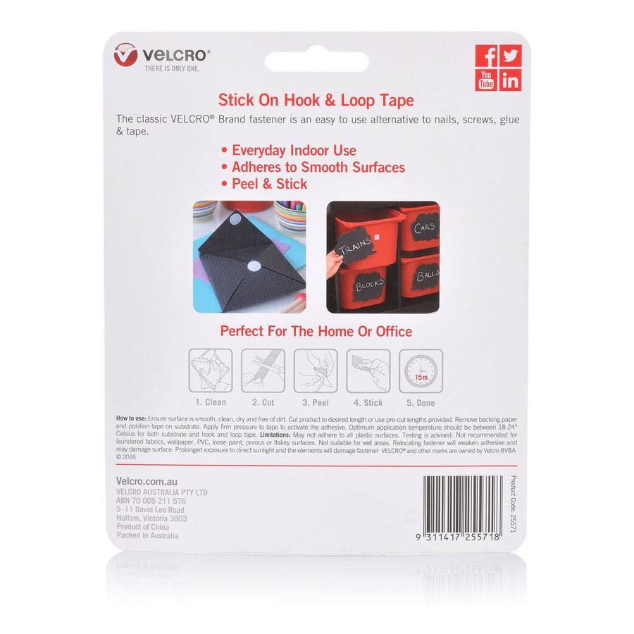 VELCRO VEL25571 - 25mm x 1m Stick On Hook & Loop Tape. Designed for General Purpose