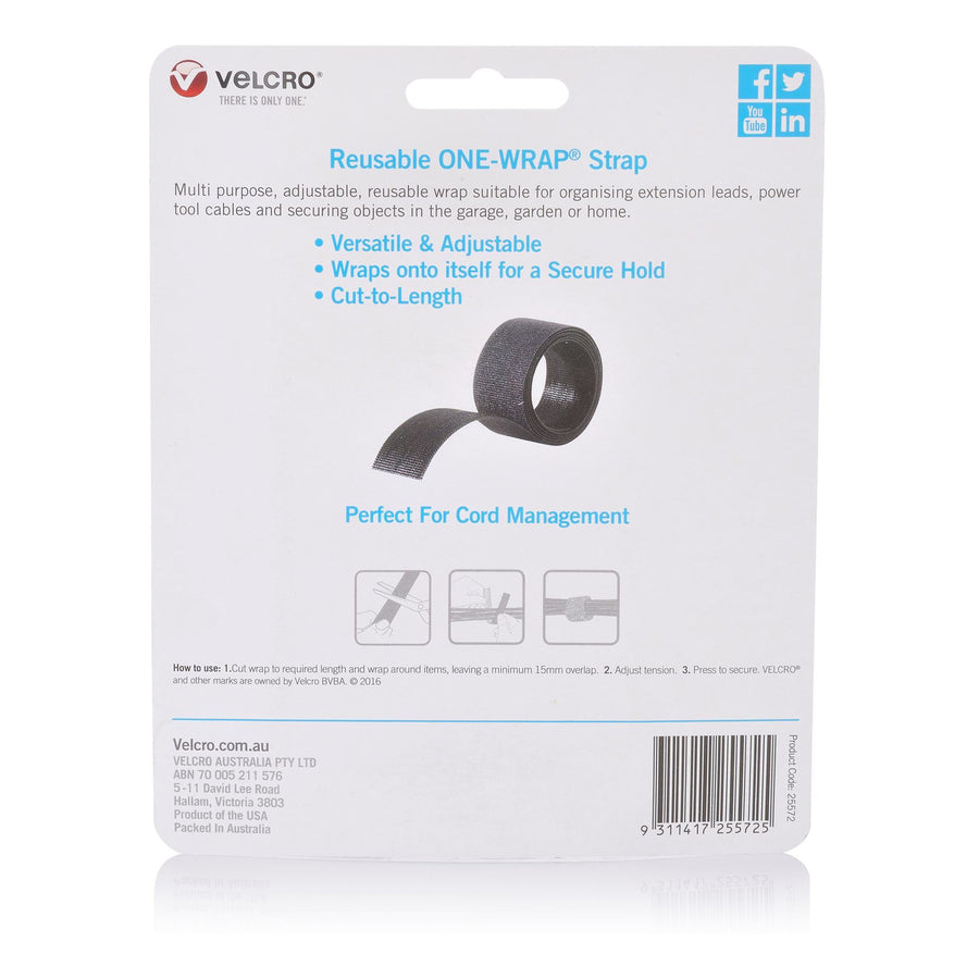 VELCRO VEL25572 - 25mm x 2m Reusable Cut-to-Lenght ONE-WRAP Strap. Designed for Cable Bundling