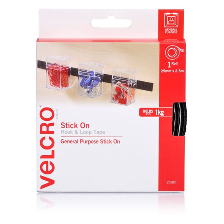VELCRO VEL25580 - 25mm x 2.5m Stick on Hook & Loop Roll/Tape. Hanging & Attaching Items