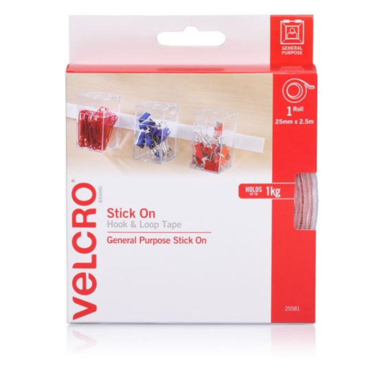 VELCRO VEL25581 - 25mm x 2.5m Stick on Hook & Loop Roll/Tape. Hanging & Attaching Items