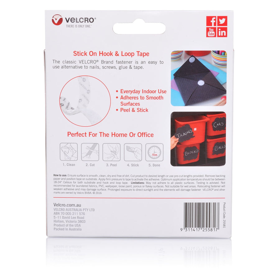 VELCRO VEL25581 - 25mm x 2.5m Stick on Hook & Loop Roll/Tape. Hanging & Attaching Items