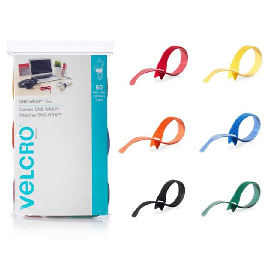 VELCRO VEL93007 - One-Wrap 203mm x 12mm Multicolour Pre-Cut Cable Ties 60 Piece Pack
