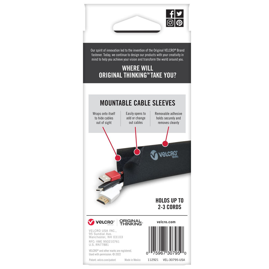 VELCRO VEL30795 - Mountable Cable Sleeves. Mount Electrical Cords Easy to Add or Change Cables.