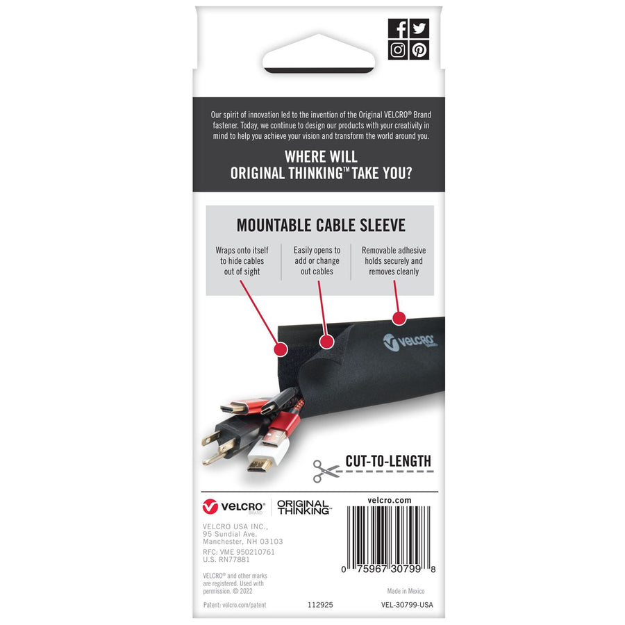 VELCRO VEL30799 - Mountable Cable Sleeves. Mount Electrical Cords Easy to Add or Change Cables.