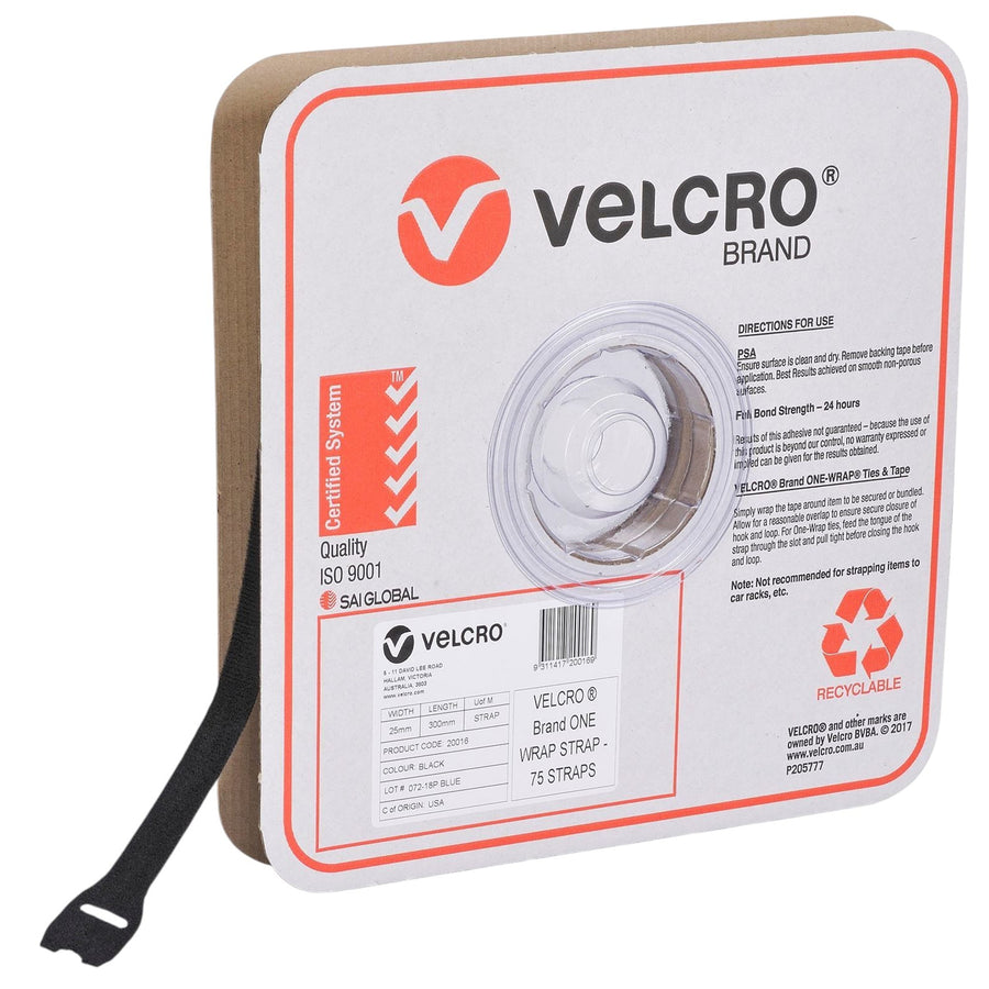 VELCRO VEL20016 - One-Wrap 25mm x 300mm Pre-sized Ties. 75 Ties Roll. Integrated Hook & Loop