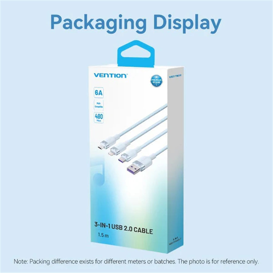 Vention USB 2.0 A Male to 3-in-1 USB-C & Lightning & Micro-B Male 6A Cable Aluminum Alloy Type