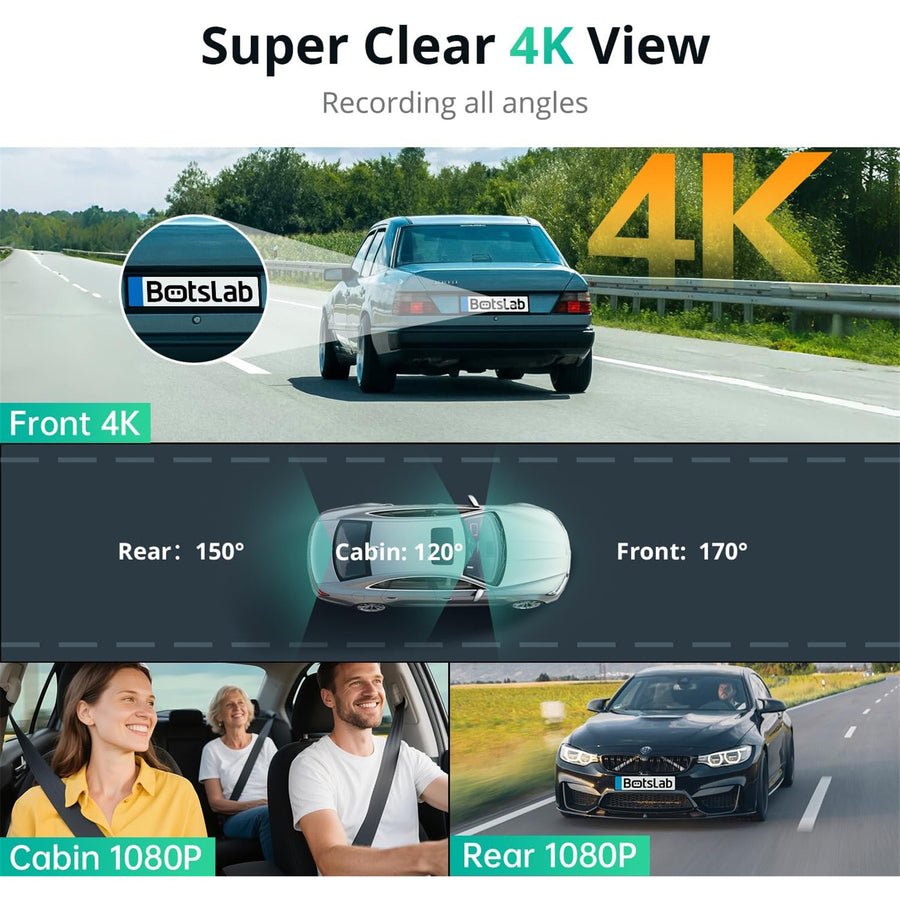 BOTSLAB  G980H 3 Channel Dash Cam, 4K Front and 1080P Rear/ Inside,