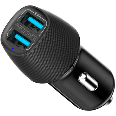 Promate VOLTRIP-DUO-BLK – 3,4A Dual Port USB-A KFZ-Ladegerät. Lädt 2 Geräte gleichzeitig. Kurzschluss