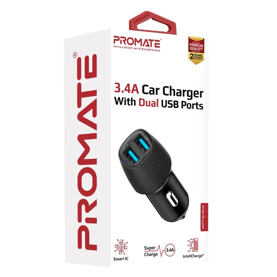 Promate  VOLTRIP-DUO.BLK 3.4A Dual Port USB Car Charger - Black