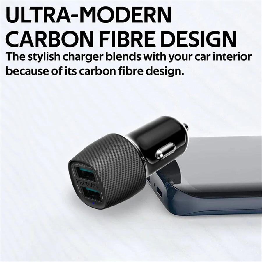 Promate VOLTRIP-DUO-BLK - 3.4A Dual Port USB-A Car Charger. Charge 2 Devices Same Time. Short-Circuit