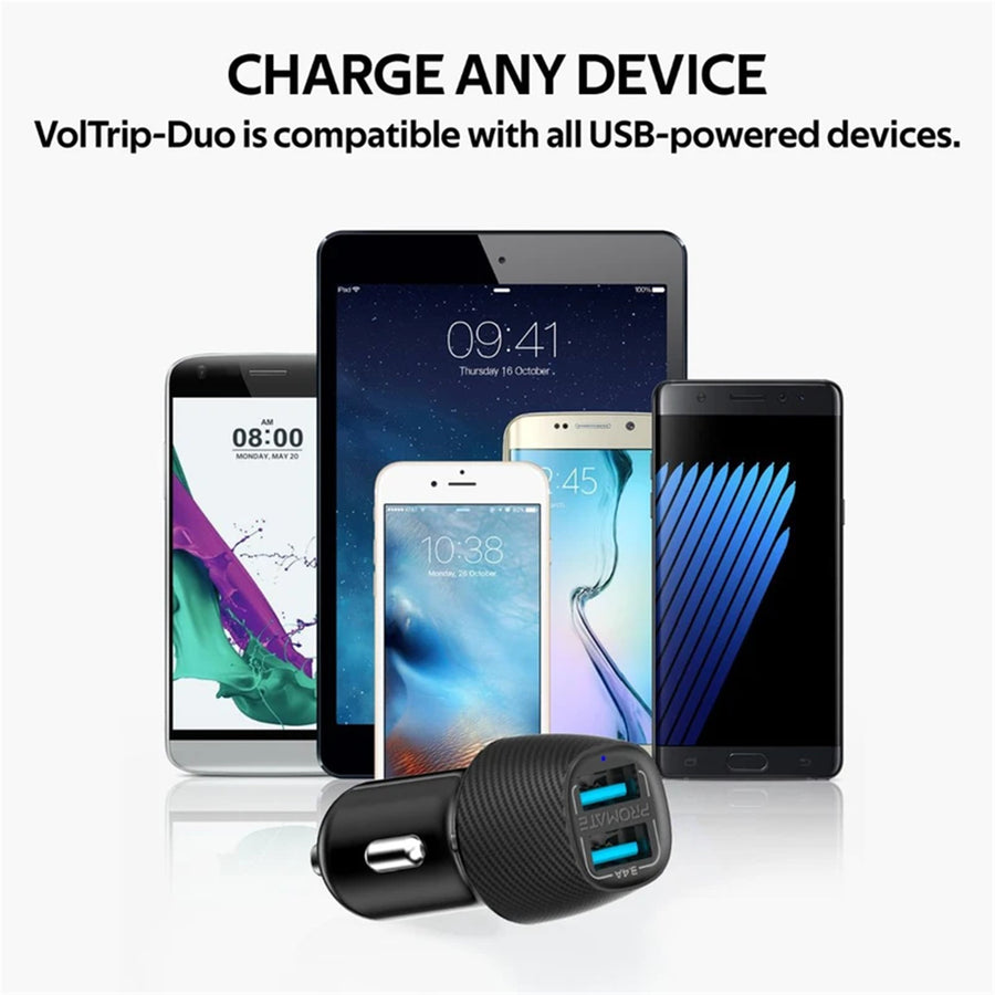 Promate VOLTRIP-DUO-BLK - 3.4A Dual Port USB-A Car Charger. Charge 2 Devices Same Time. Short-Circuit