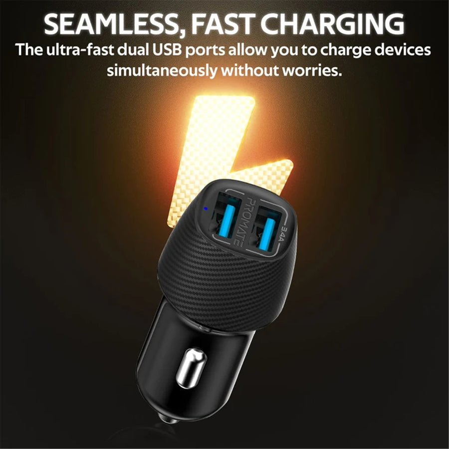 Promate VOLTRIP-DUO-BLK - 3.4A Dual Port USB-A Car Charger. Charge 2 Devices Same Time. Short-Circuit