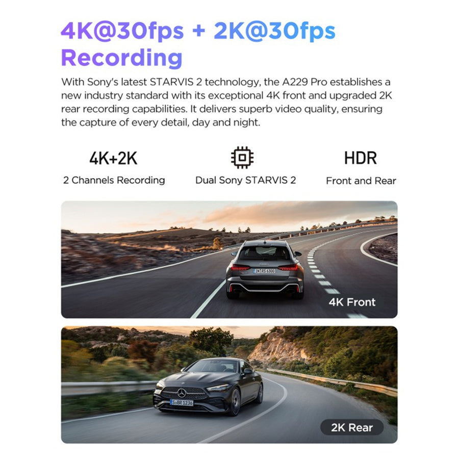 A229-PRO-2CH - VIOFO DASHCAM A229 PRO 4K FRONT 2K REAR 5GHZ WIFI + GPS