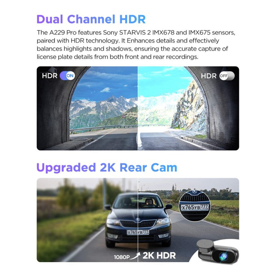 A229-PRO-2CH - VIOFO DASHCAM A229 PRO 4K FRONT 2K REAR 5GHZ WIFI + GPS