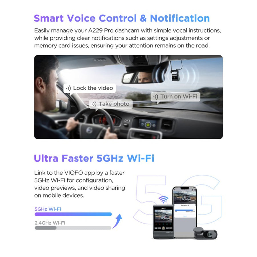 A229-PRO-2CH - VIOFO DASHCAM A229 PRO 4K FRONT 2K REAR 5GHZ WIFI + GPS
