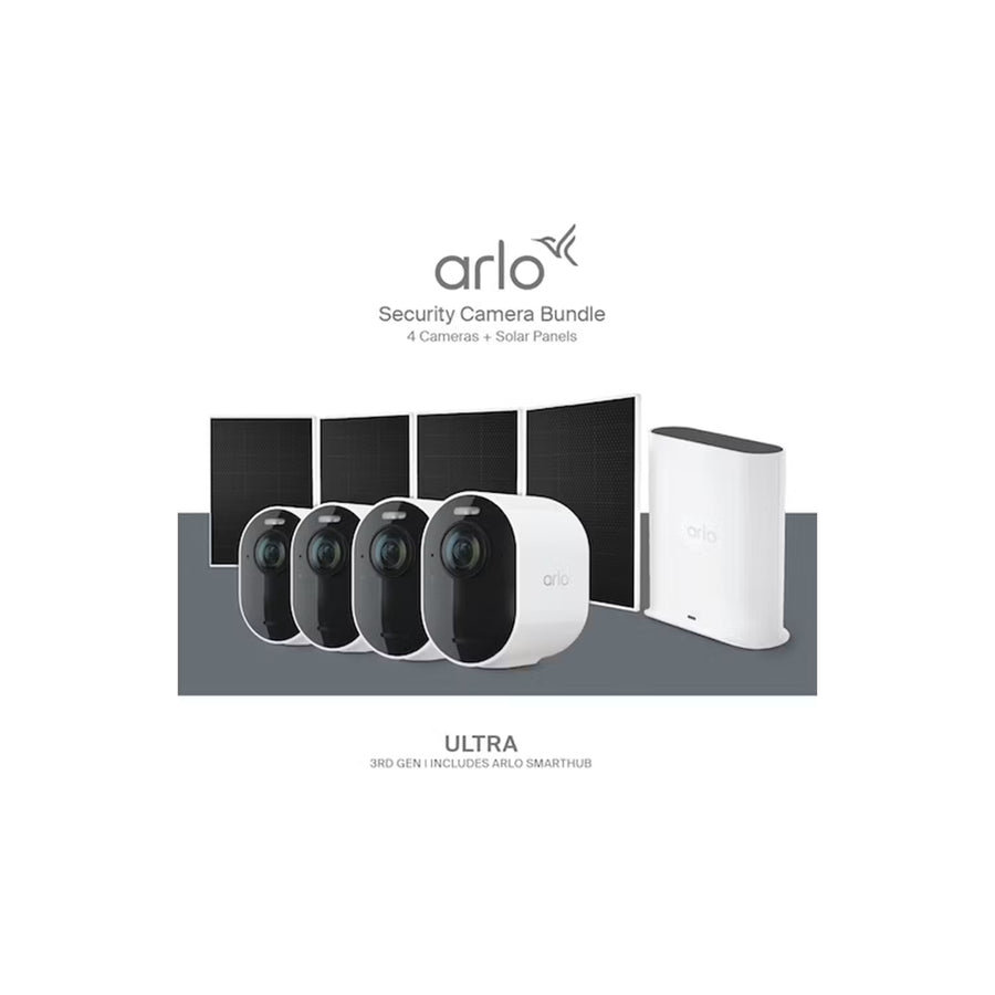 Arlo Ultra 3 4K Outdoor Wire-Free Battery Camera with Solar Panel - 4 Pack 180° Field of View / USB-C Connector / 15% longer Battery Life than Ultra 2 / Include a Smart Hub
