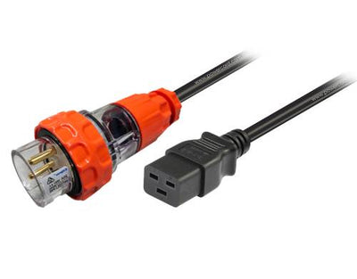 RackPower CF3FC400-32 - 20A 56 Series Generic 3pin angled orange IP66 fitted plug to 16A C19 moulded socket on 4m 2.5mm2 black lead